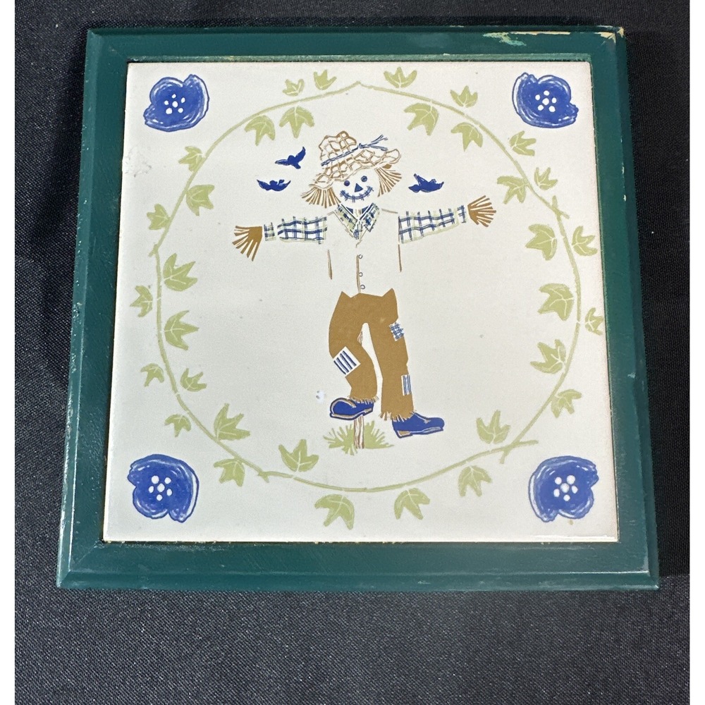 Scarecrow Ceramic Trivet Tile Wall Hanging Art Square Wood Framed 6" X 6" Tile